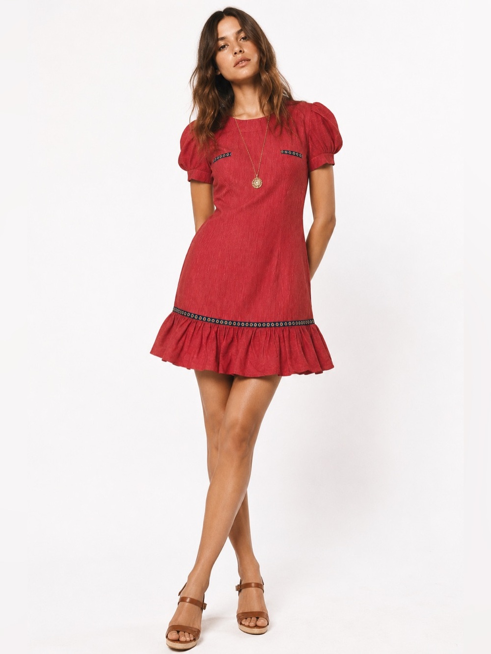 Vintage 1970s Red Puff Sleeve Ruffle Mini Dress‎ Retro Boho